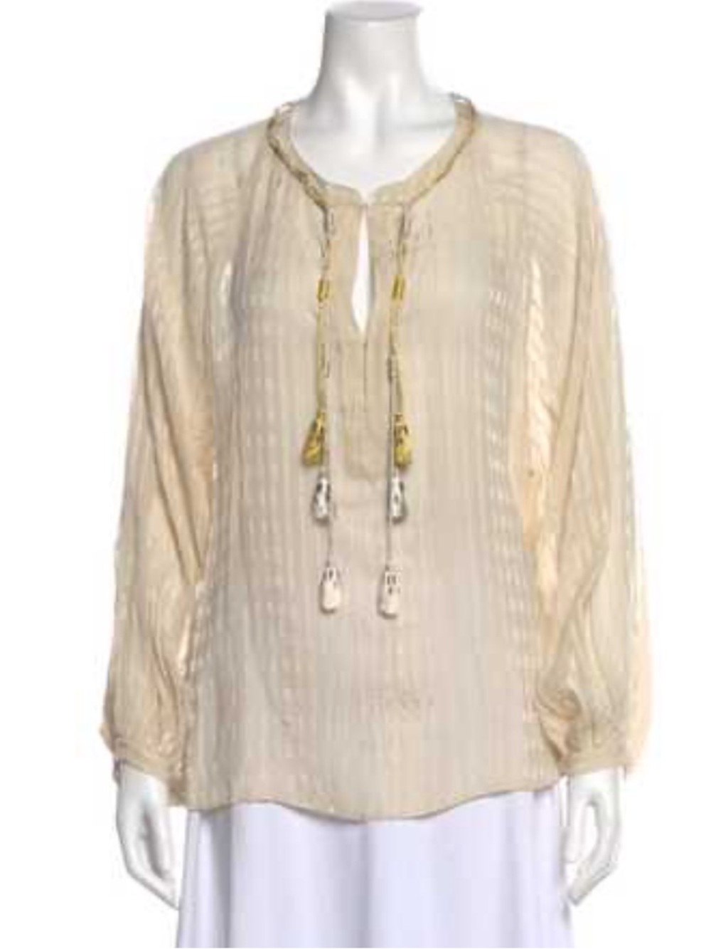 Calypso St. Barth Light Cream Tassel Tie-Neck Blouse